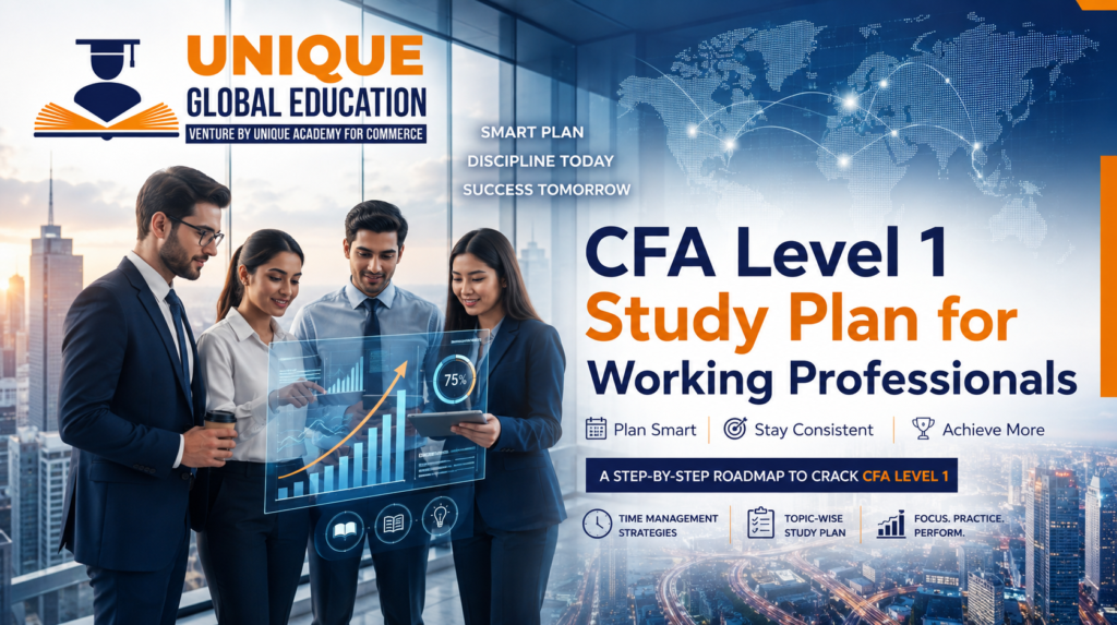 CFA Level 1 study plan for working professionals featuring finance professionals, digital analytics, time management, and a step-by-step CFA preparation roadmap.