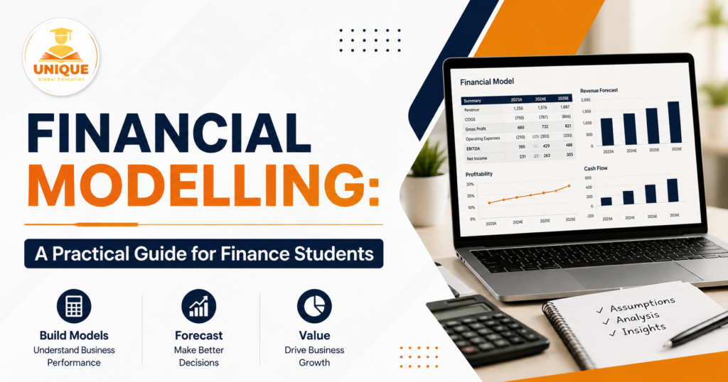 Financial modelling laptop with financial forecast and analysis charts