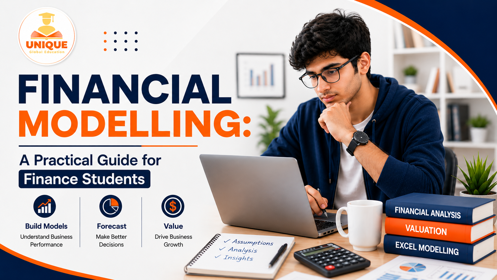 Financial modelling guide for finance students with laptop and financial analysis