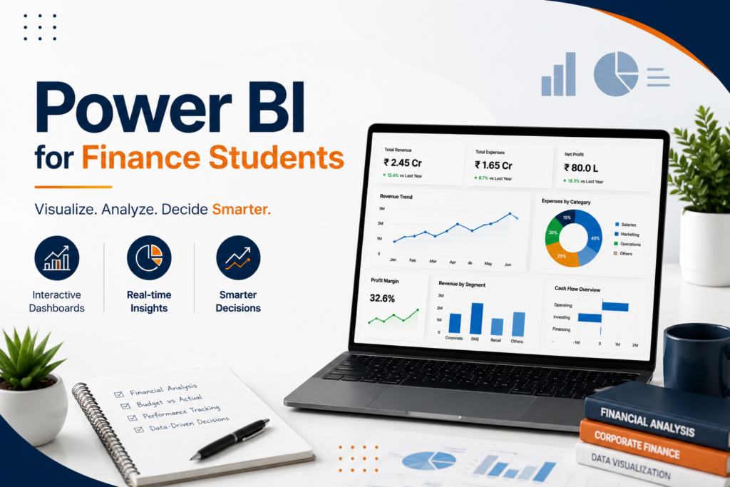 Power BI dashboard showing financial analysis, revenue trends, expenses, profit margins, and cash flow