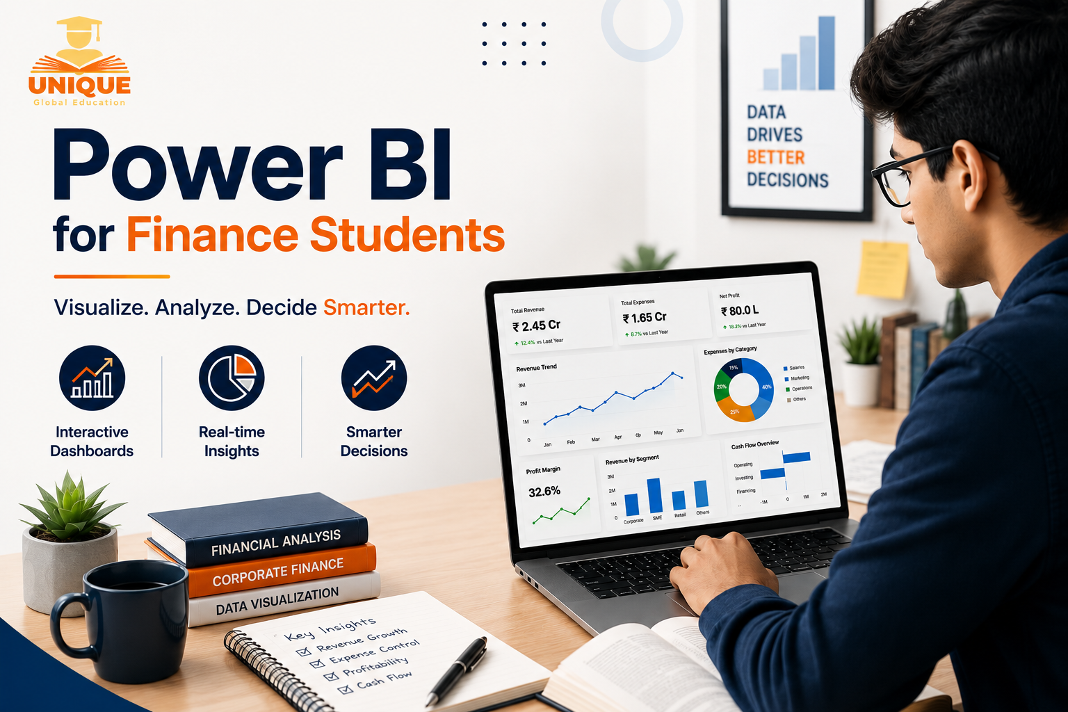 Power BI for Finance Students with a student analyzing financial dashboards on a laptop
