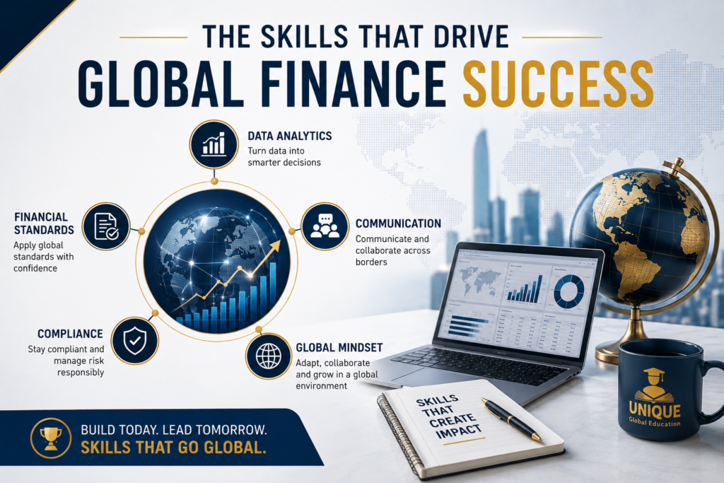 Key skills for global finance success including data analytics, IFRS, communication and global mindset