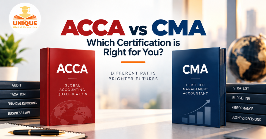 ACCA vs CMA US comparison showing differences in career scope, qualification focus, global recognition and finance opportunities.