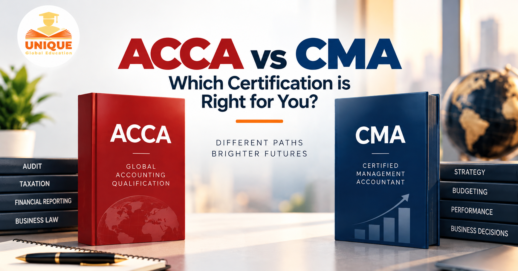 ACCA vs CMA US comparison showing differences in career scope, qualification focus, global recognition and finance opportunities.
