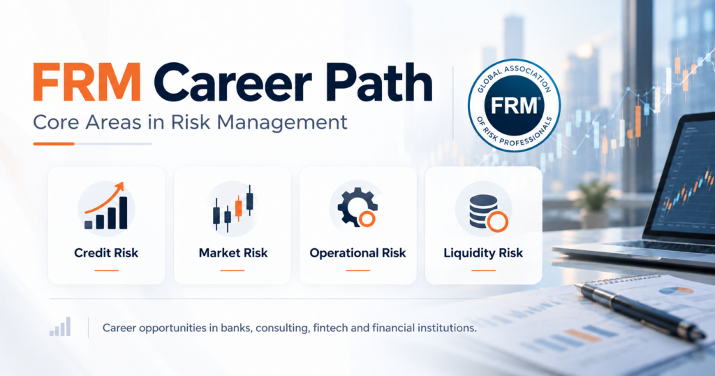 Risk Management Career After FRM infographic showing credit risk, market risk, operational risk and liquidity risk career areas.