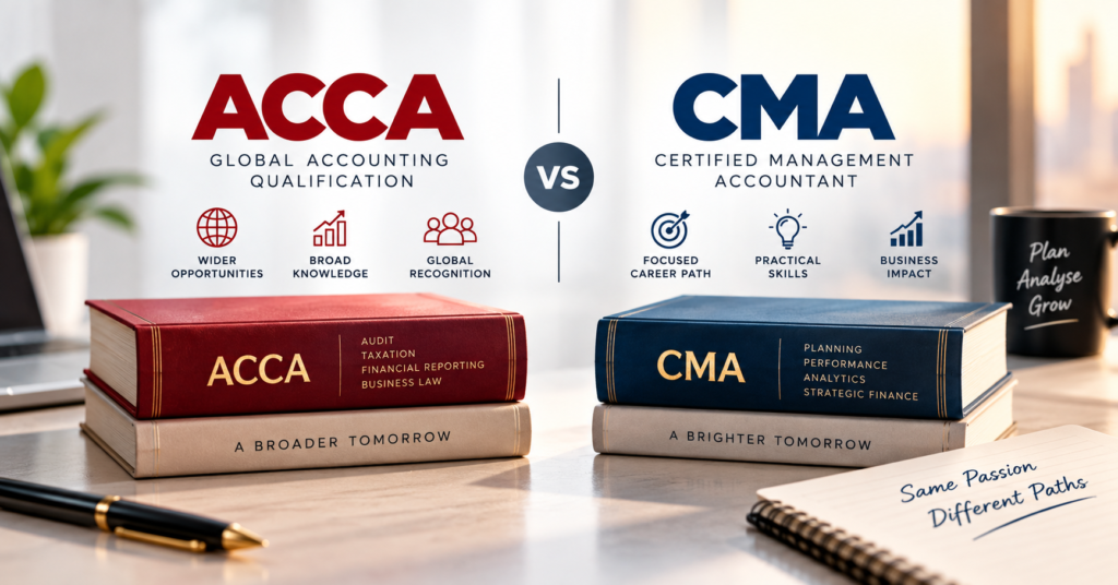 ACCA vs CMA US infographic comparing global accounting, career focus, practical skills and management finance opportunities.