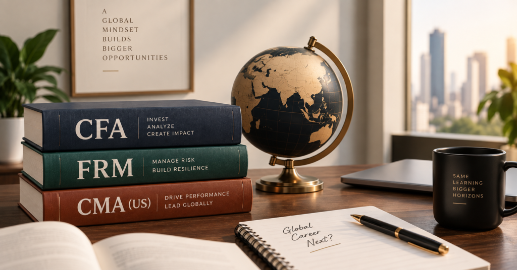 Global Finance Certifications in India with CFA, FRM and CMA US books, globe and career-focused study setup