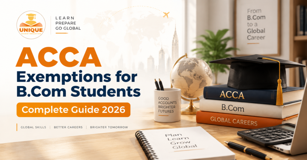 ACCA Exemptions for B.Com Students Complete Guide 2026 with ACCA books and graduation cap