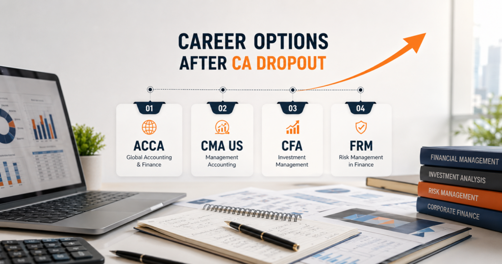 Comparison of CA dropout career options including ACCA for accounting, CMA US for management accounting, CFA for investment and FRM for risk management.