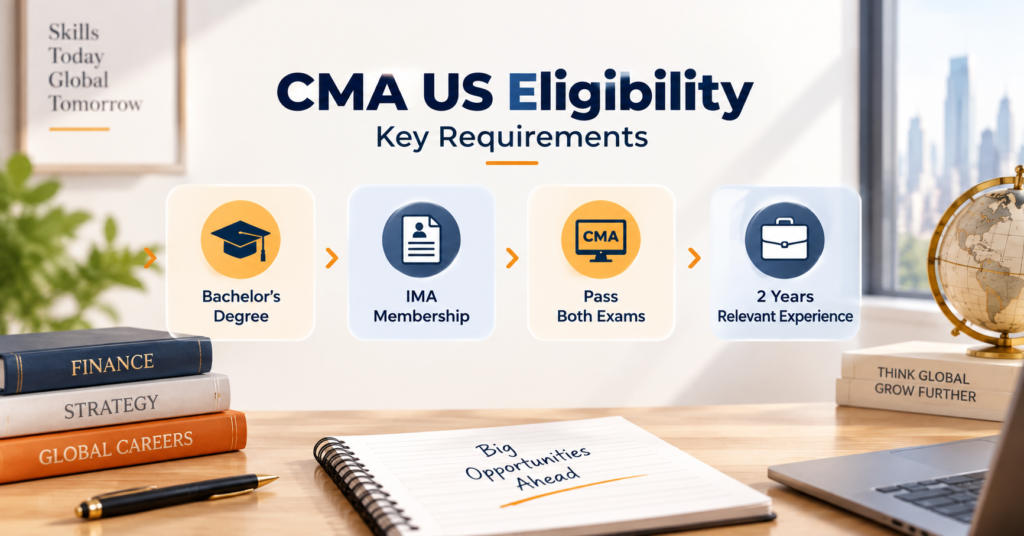 CMA US Eligibility for Indian Students showing bachelor’s degree, IMA membership, exams and work experience requirements