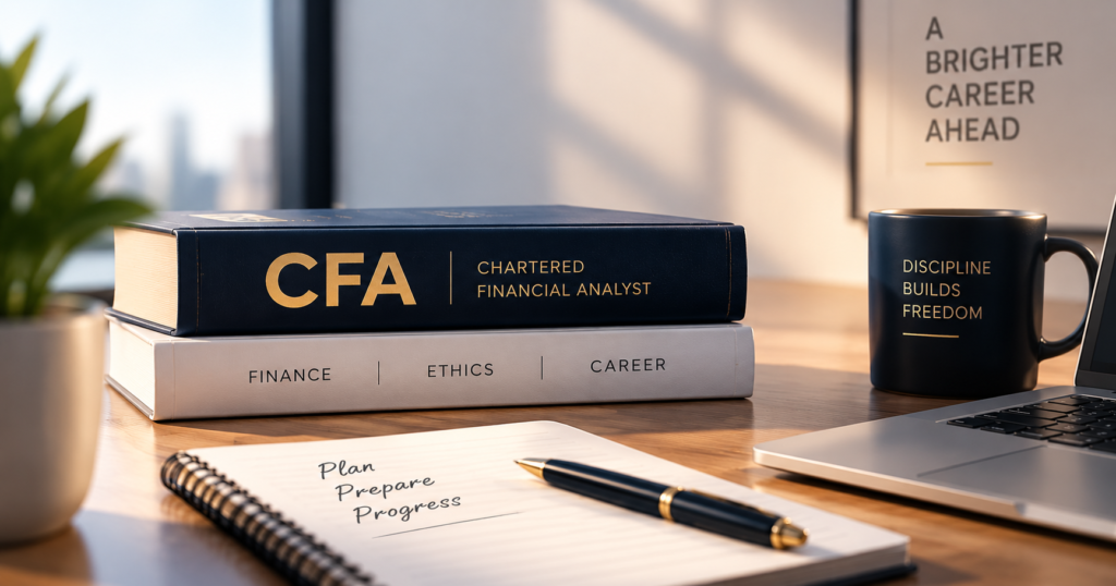 CFA after graduation study plan with CFA books, notebook and finance preparation