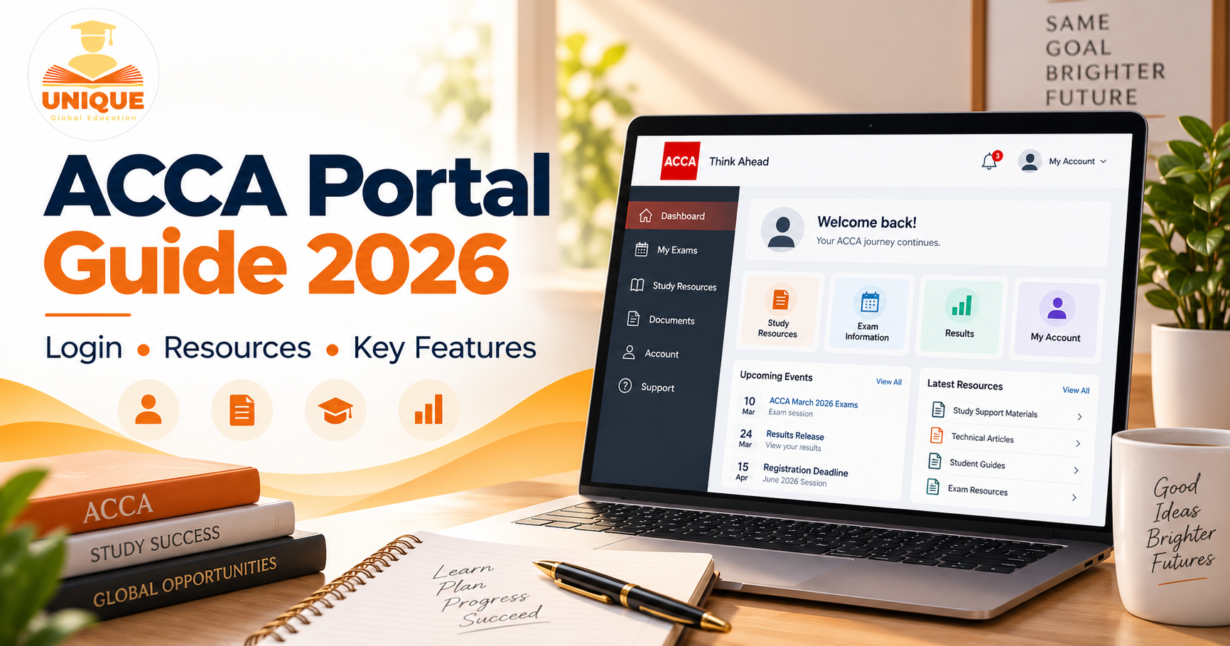 ACCA Portal Guide 2026 showing login, study resources, exam information and account features