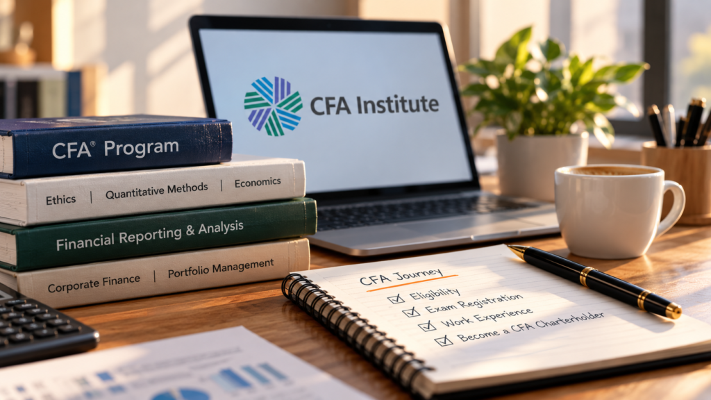 CFA Eligibility in India middle image showing CFA Program study material, eligibility, exam registration and work-experience journey
