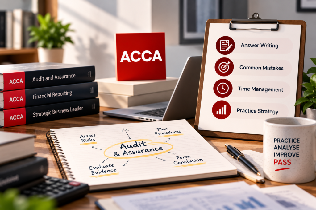 ACCA Audit and Assurance study strategy showing audit risks, procedures, evidence, conclusions and answer-writing practice