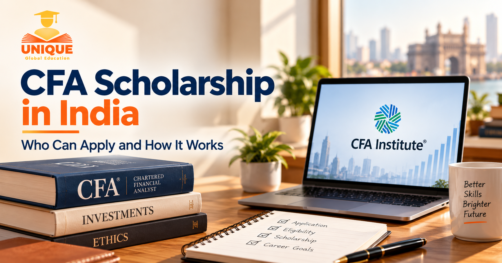 CFA Scholarship in India blog cover showing CFA books, laptop, study desk, and scholarship application theme for Indian students