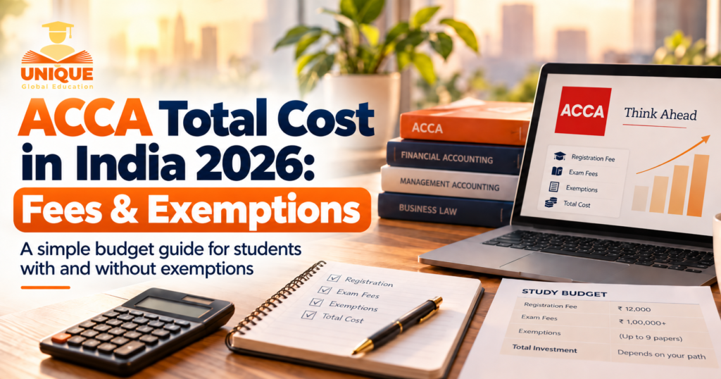 ACCA Total Cost in India 2026 showing registration fees, exam fees, exemptions and student budget planning