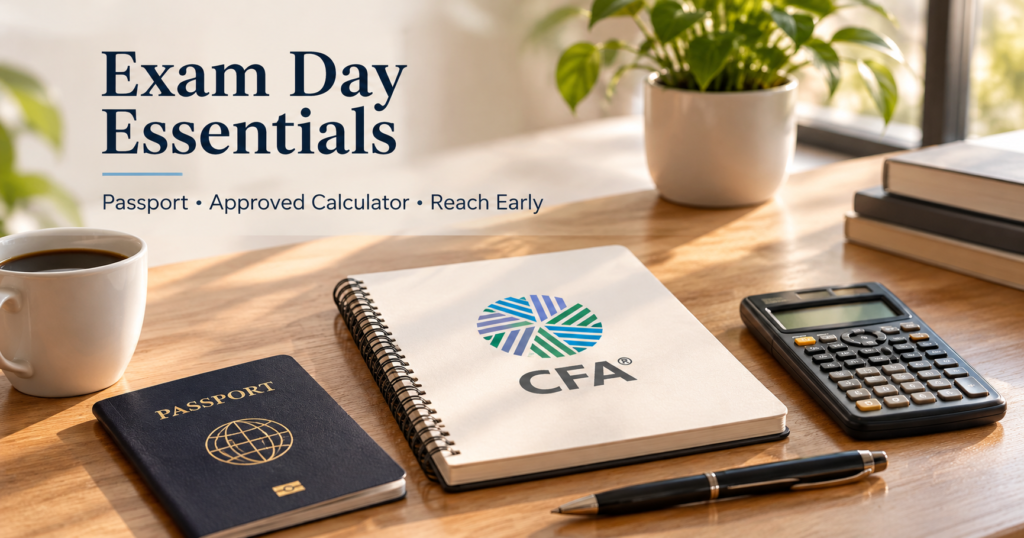 CFA exam day essentials image showing passport, approved calculator, notebook and desk setup for exam preparation