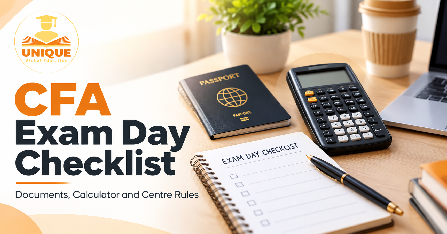CFA Exam Day Checklist cover image showing a study desk with passport, calculator, notebook and exam essentials for CFA candidates
