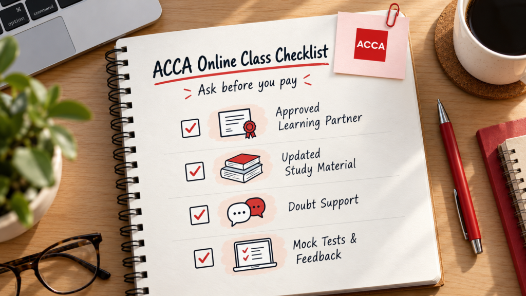 ACCA online class checklist covering approved learning partner status, updated study materials, doubt support and mock test feedback
