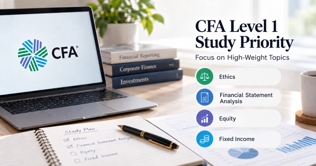 CFA Level 1 Topic Weightage image highlighting Ethics, Financial Statement Analysis, Equity and Fixed Income as high-priority topics
