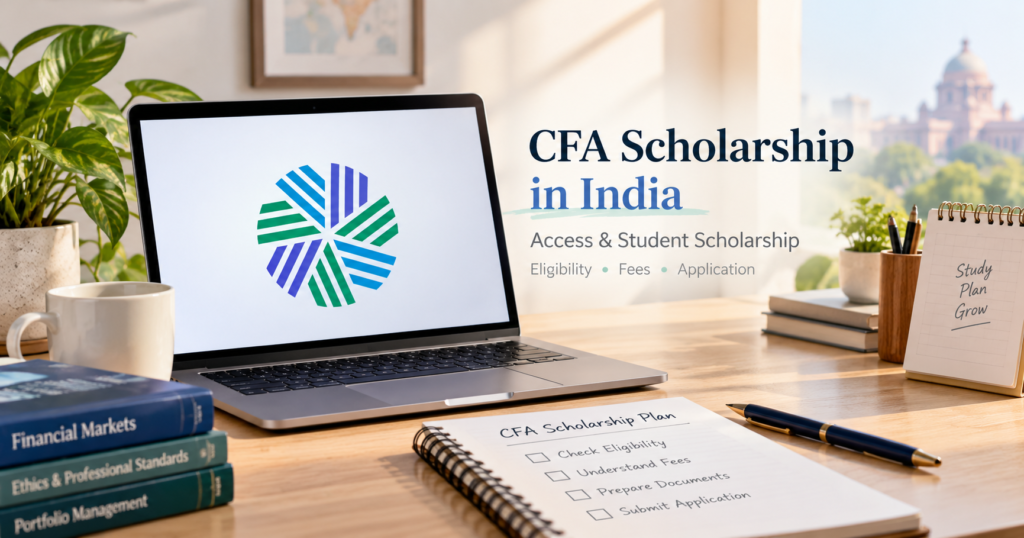 CFA Scholarship in India middle blog image showing eligibility, fees, application process, laptop, and study plan on a desk