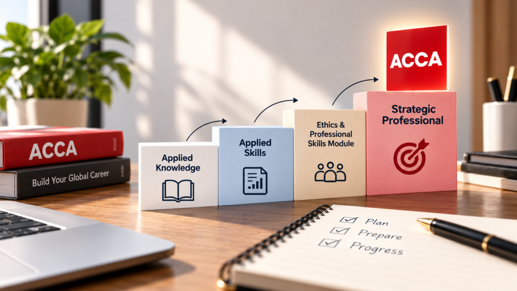ACCA exam progression from Applied Knowledge and Applied Skills to Ethics and Strategic Professional after exemptions