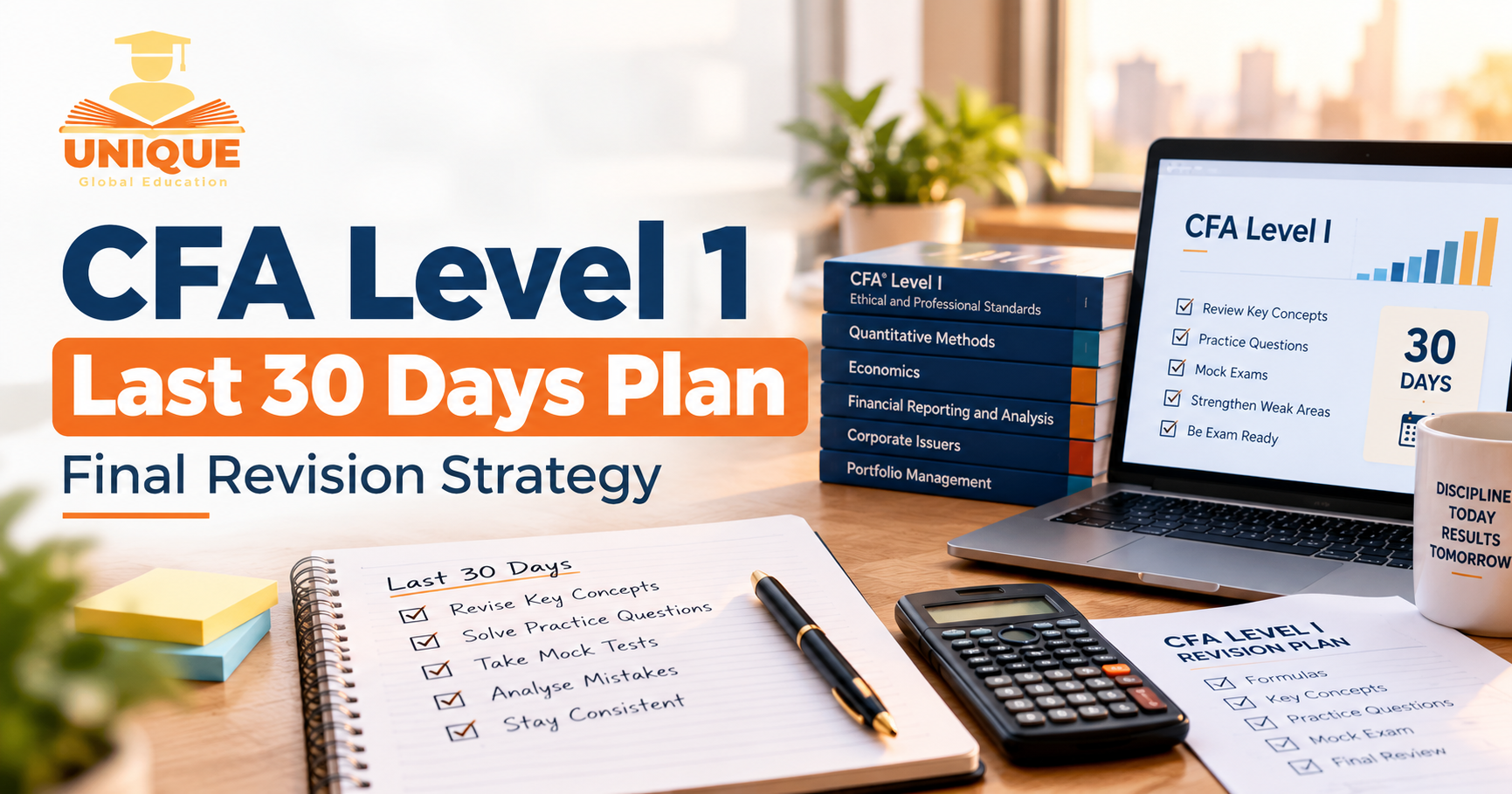 Desk setup showing CFA Level 1 last 30 days revision plan with study notes, calculator, laptop and final revision strategy for exam preparation